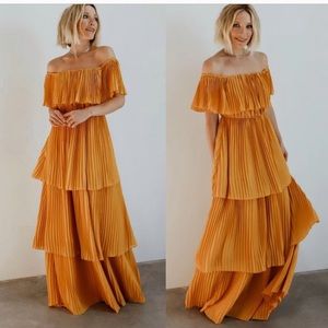 Baltic Born Leslie Tiered Pleated Maxi Dress Mustard Yellow Off The Shoulder